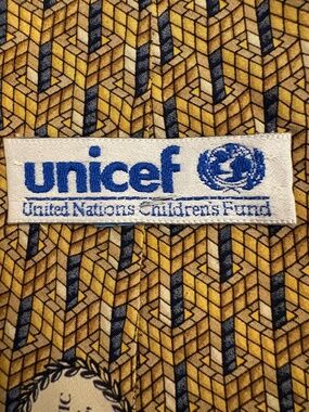 Vintage UNICEF Silk Tie Geometric Dutch Ceramic Tile Pattern 4” Gold Blue